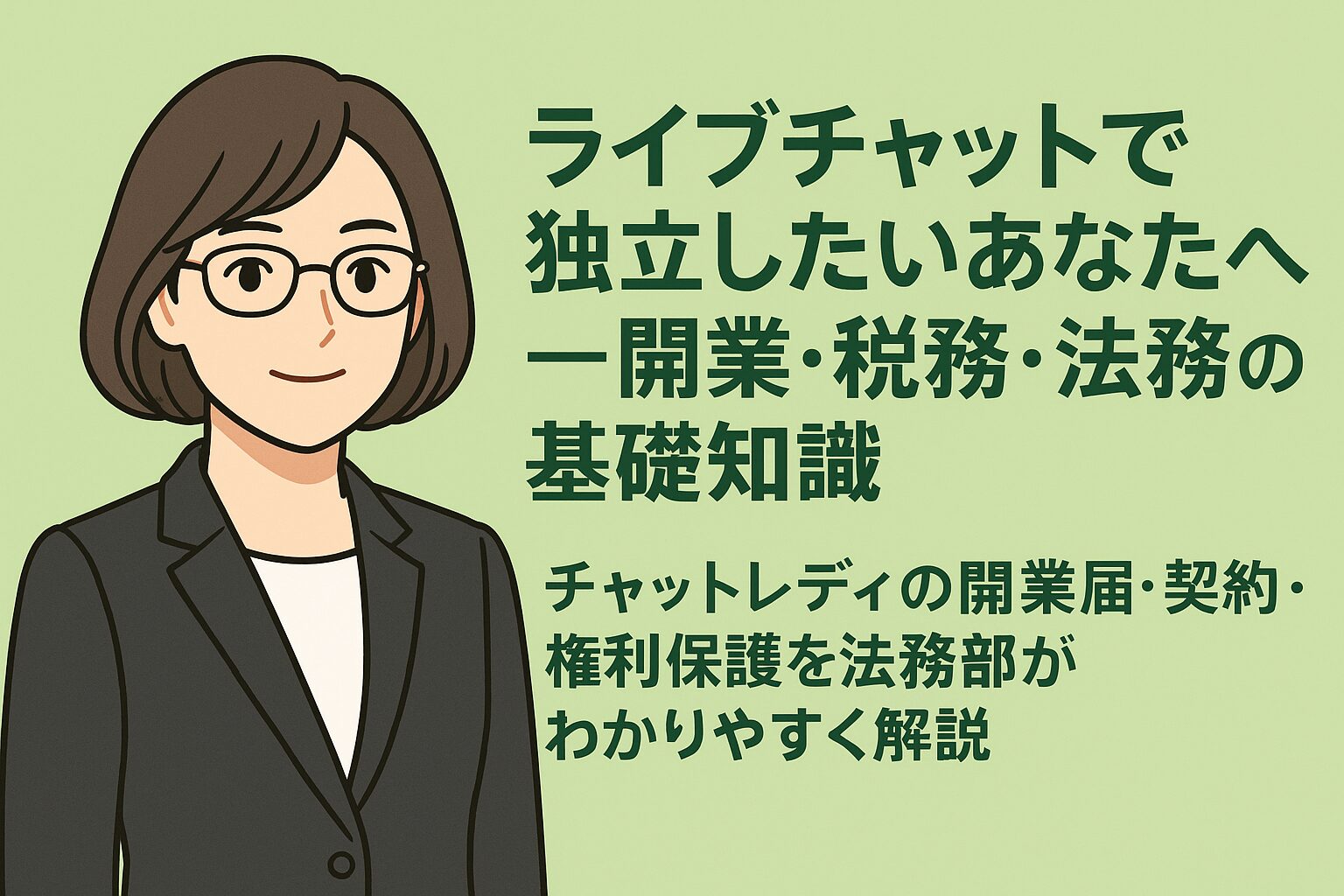 ライブチャットで独立を目指すチャットレディ向けに、開業・税務・法務の基礎知識を解説するコラムのアイキャッチ画像。淡いグリーン背景にミドルボブの女性法務部長がメタル眼鏡とブラックスーツ姿で左側に描かれている。