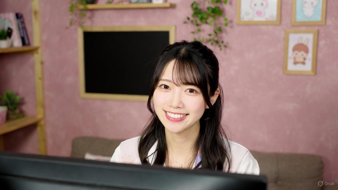 ピンクの可愛い部屋で柔らかいソファに座り、デスクトップPCモニターに向かって明るく笑顔を浮かべる20代半ばの日本人女性ストリーマー。背景には黒板風ボード、木製フレームの可愛いイラスト、壁掛けの観葉植物が飾られ、モニターの光が顔を優しく照らしている。チャットレディの仕事の楽しさと魅力を表現したイメージ。