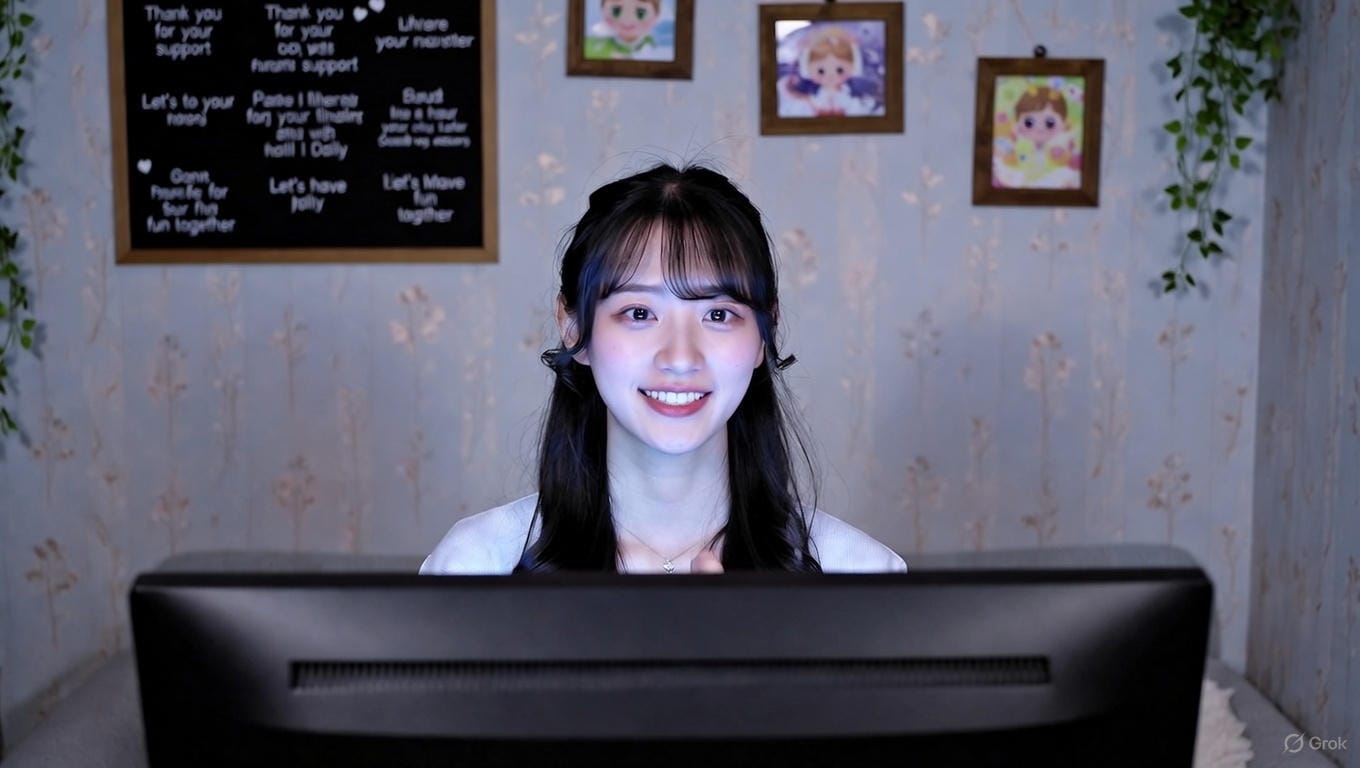 柔らかいソファに座り、デスクトップPCモニターに向かってポジティブに笑顔を浮かべる20代半ばのリアルな日本人女性ストリーマー。モニターの光が顔を優しく照らしている。背景は淡いブルー系の壁紙に、英語で書かれた黒板風ボード、木製フレームの可愛いイラスト、壁掛けの観葉植物が飾られた女の子らしい配信ルーム。チャットレディとして働くことで得られる前向きな変化を表現したイメージ。