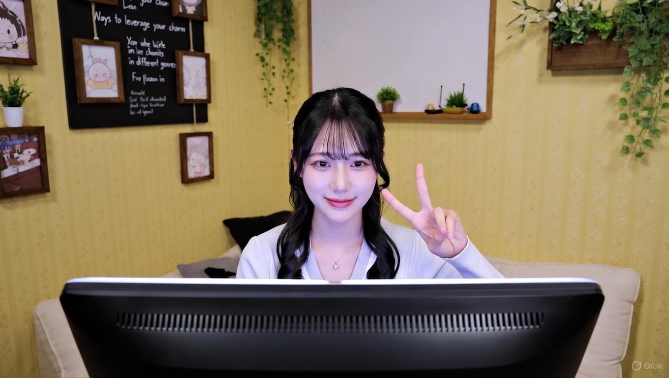 黄色系の壁紙が明るい配信ルームで、柔らかいソファに座り、デスクトップPCモニターの前にいる20代半ばのリアルな日本人女性ストリーマー。カメラ目線で明るく笑顔を浮かべ、右手でVサインをしている。モニターの光が顔を優しく照らしている。背景には英語で書かれた黒板風ボード、木製フレームの可愛いイラスト、壁掛けの観葉植物が飾られ、チャットレディのジャンル別に自分の魅力を活かす前向きな働き方を表現したイメージ。