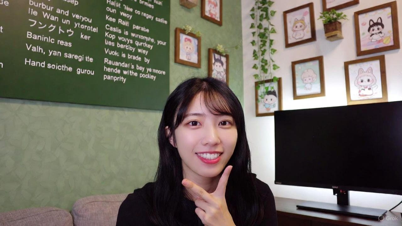 グリーン系の壁紙が爽やかな配信ルームで、柔らかいソファに座り、デスクトップPCモニターの前にいる20代半ばのリアルな日本人女性ストリーマー。カメラ目線で明るく笑顔を浮かべ、右手でVサインをしている。モニターの光が顔を優しく照らしている。背景には英語で書かれた黒板風ボード、木製フレームの可愛いイラスト、壁掛けの観葉植物が飾られ、チャットレディが確実に成果を出すための実践ステップを前向きに表現したイメージ。