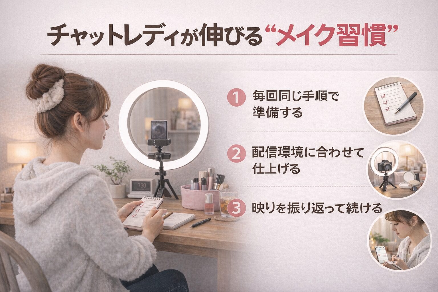 チャットレディが伸びるために実践する、毎回同じ手順・配信環境への最適化・映りの振り返りというメイク習慣
