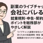 副業のライブチャットが会社にバレるリスクと就業規則・申告・契約のポイントを解説するコラム用アイキャッチ画像。淡いピンク背景に、黒縁メガネとグレースーツ姿の女性総務部長が右側のタイトルを指さしているイラスト