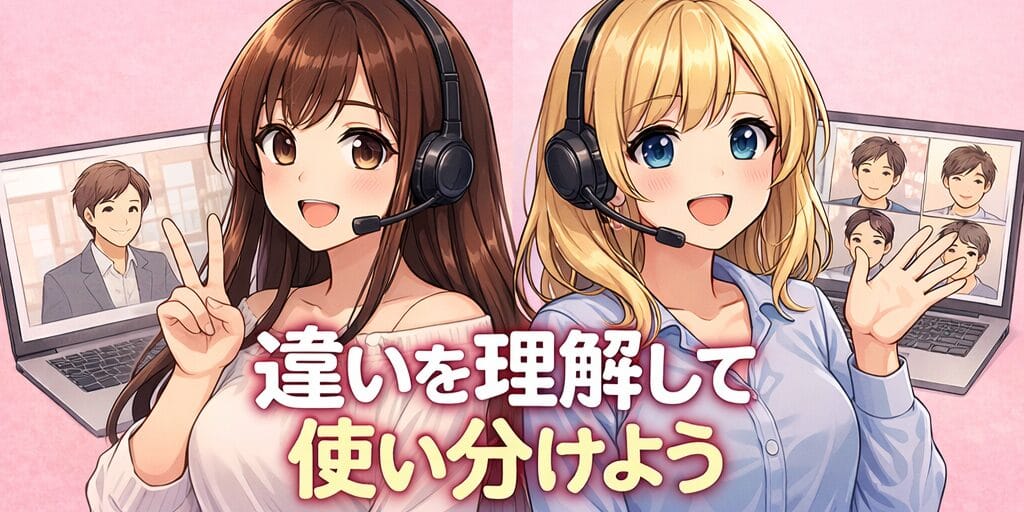 ツーショットチャットとパーティチャットの違いを解説するイラスト。1対1のビデオチャットと複数男性とのビデオチャットを比較し、使い分けの重要性を示している