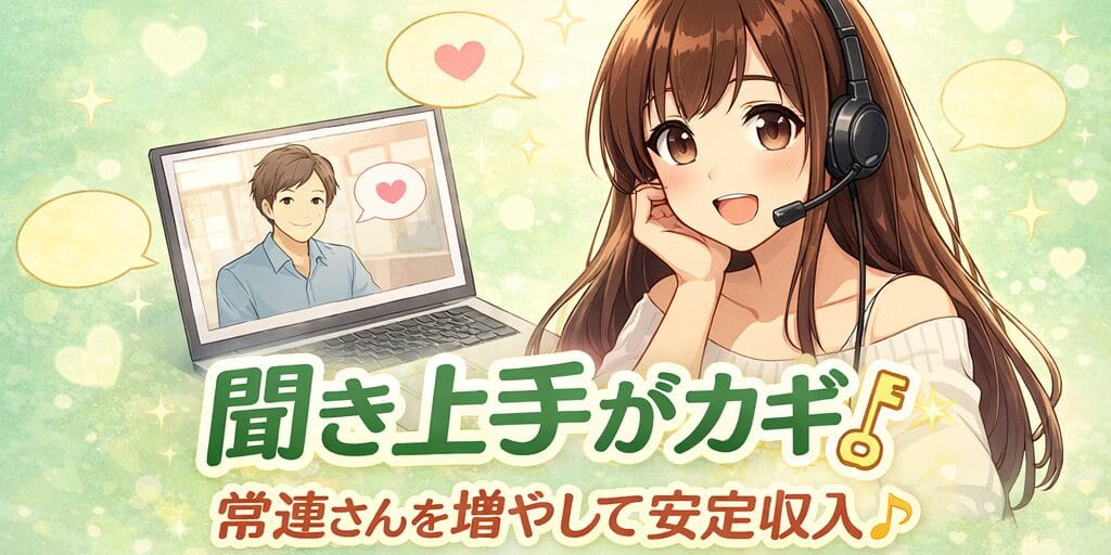聞き上手なチャットレディがツーショットチャットで視聴者の話を丁寧に聞き、常連客を増やして安定収入につなげる様子を表したイラスト