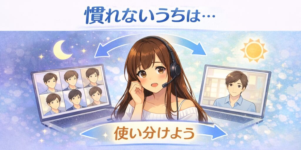 慣れないうちはツーショットとパーティチャットを状況に合わせて使い分ける考え方を示すイラスト。左は6人の分割画面、右は1人の画面で比較している