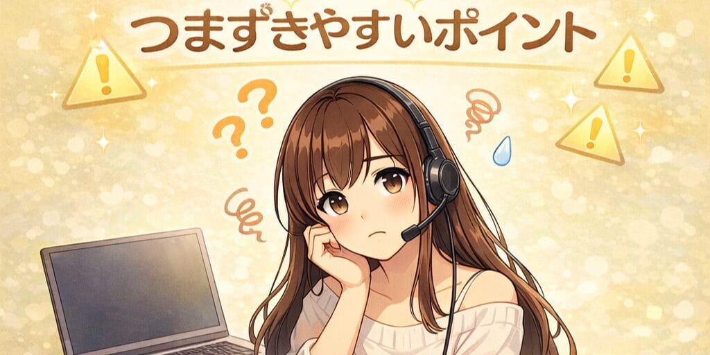 チャットレディが仕事中につまずきやすいポイントに悩んでいる様子を表したイラスト。疑問や注意点を示すアイコンとともに描かれている