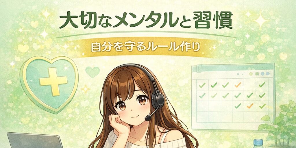 チャットレディが無理をせず自分のメンタルを守るための習慣やルール作りを意識して、落ち着いた環境で仕事に向き合っている様子を表したイラスト