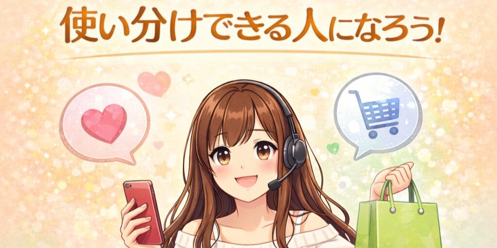 ツーショットとパーティチャットを状況に応じて使い分けられるチャットレディの姿を表したイラスト。仕事と選択を前向きに判断している様子が描かれている